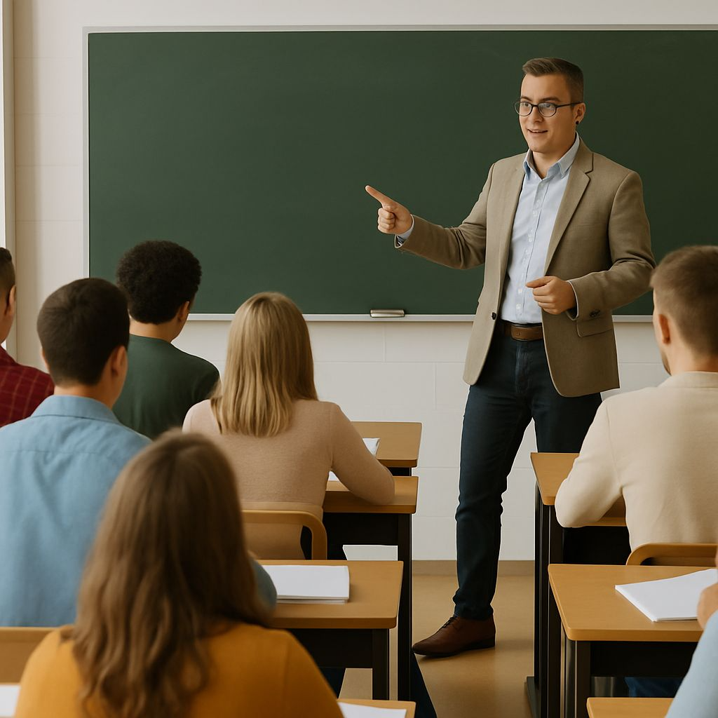 Profesor dando clases a sus alumnos en un aula muy iluminada