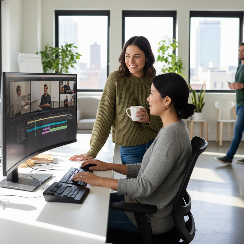 Mujeres camarógrafos editando proyectos de video